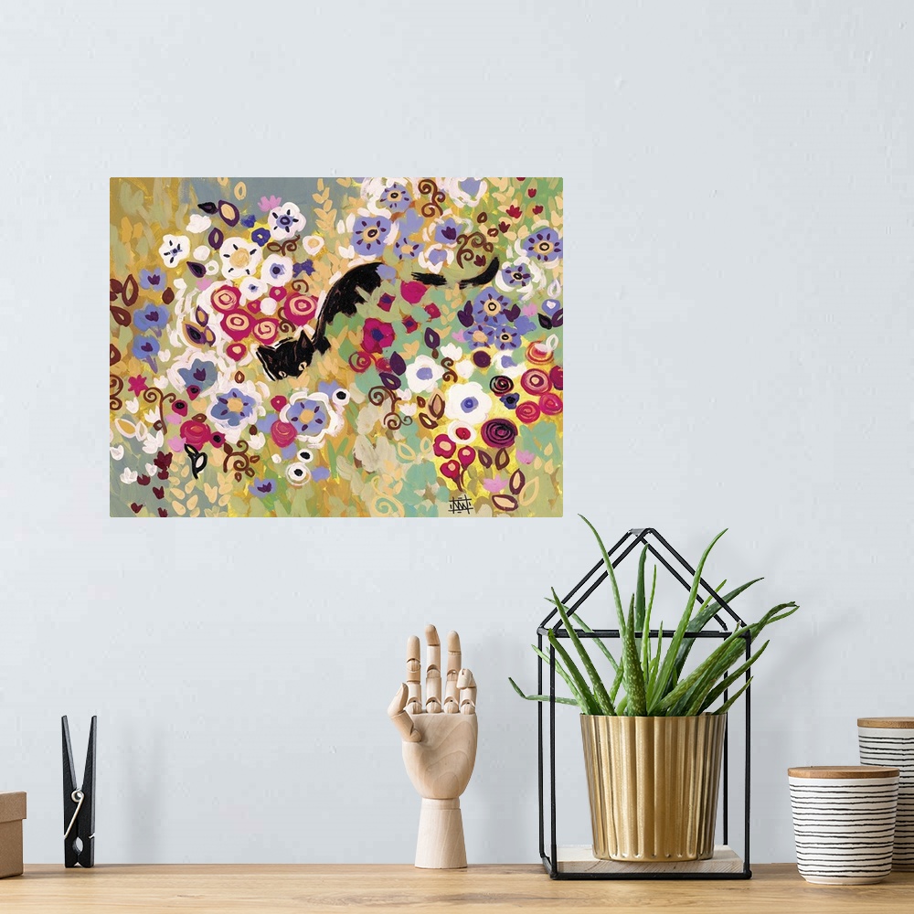 A bohemian room featuring Contemporary painting of a black cat hiding in flowers.