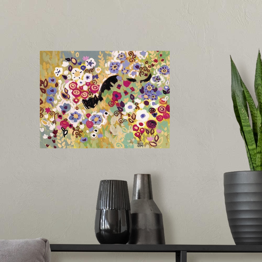 A modern room featuring Contemporary painting of a black cat hiding in flowers.