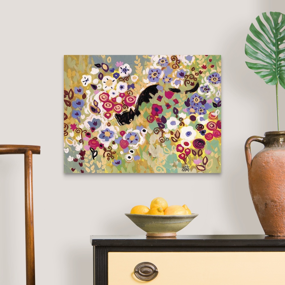 A traditional room featuring Contemporary painting of a black cat hiding in flowers.