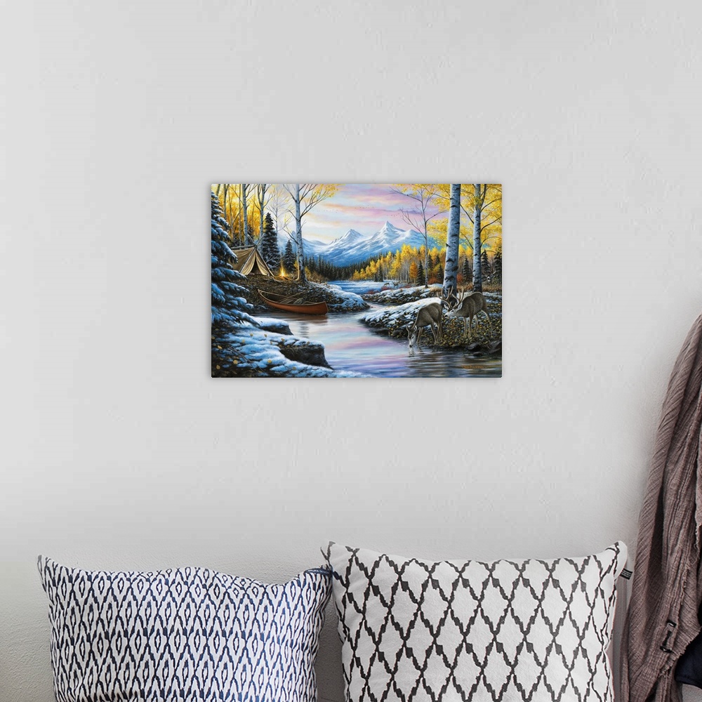 A bohemian room featuring Contemporary Winter forest landscape painting with deer drinking water from the river and a tent ...