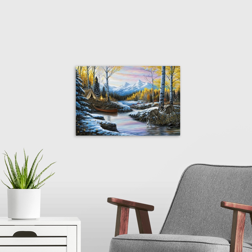 A modern room featuring Contemporary Winter forest landscape painting with deer drinking water from the river and a tent ...