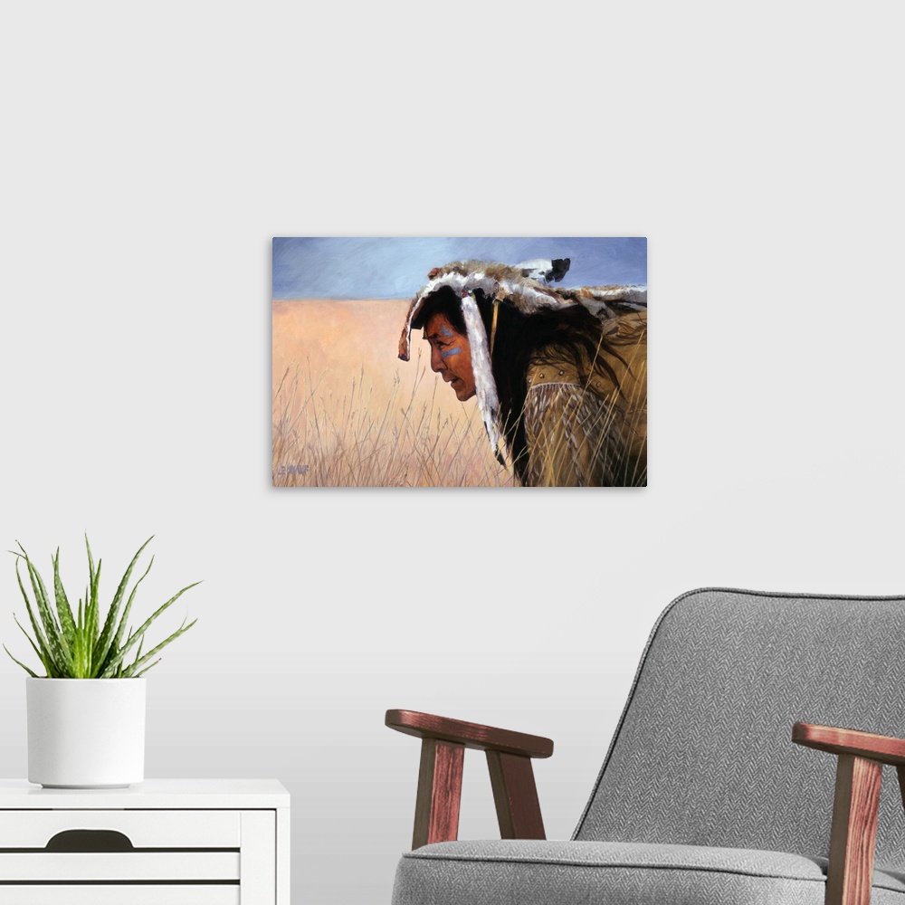 A modern room featuring Contemporary western theme painting of a native American man kneeling in tall grass on the plains.