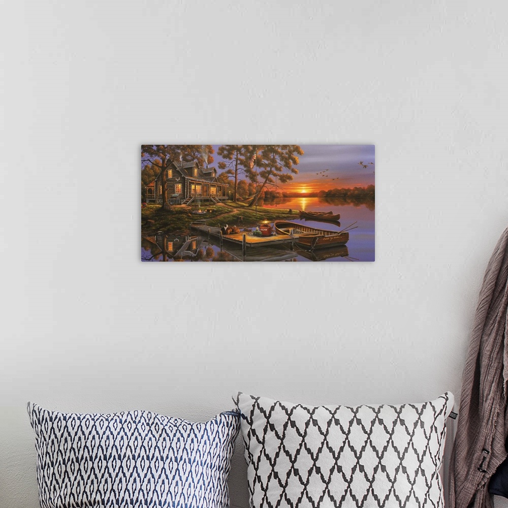 A bohemian room featuring A contemporary painting of a serene cottage lake scene.