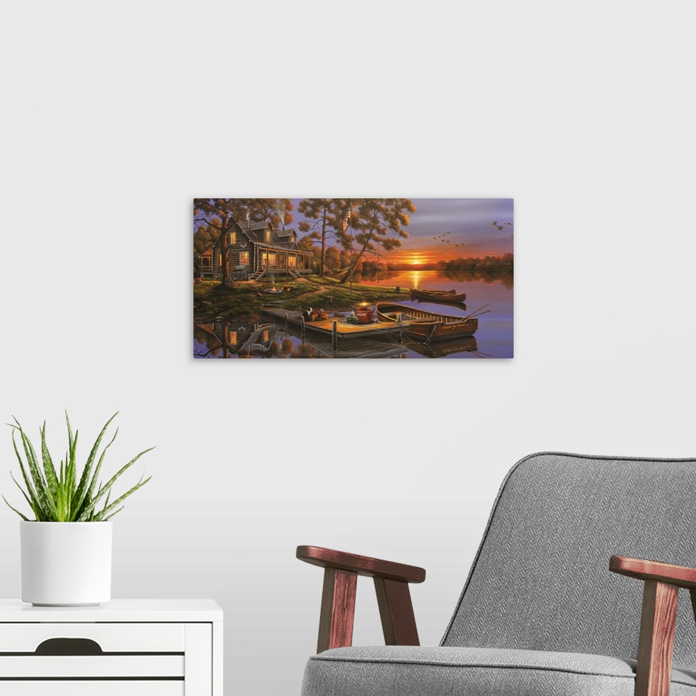A modern room featuring A contemporary painting of a serene cottage lake scene.