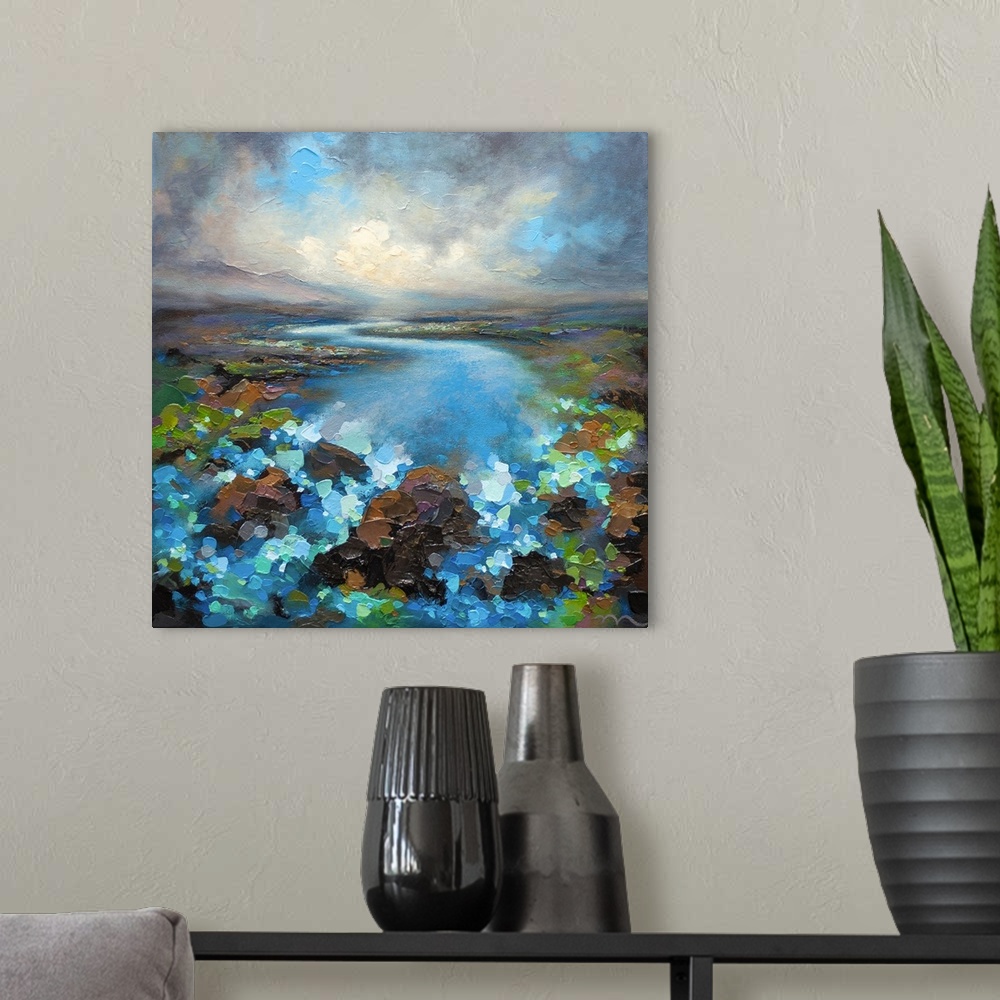 A modern room featuring Nature painting of storm sky over river and abstract landscape giclee art print by contemporary p...