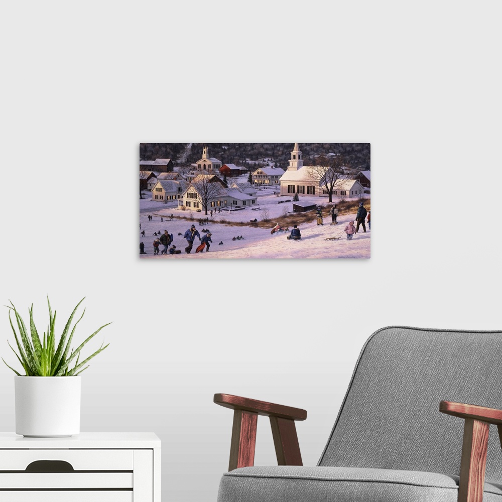 A modern room featuring People enjoying sledding down the big hill, with the town in the distance.