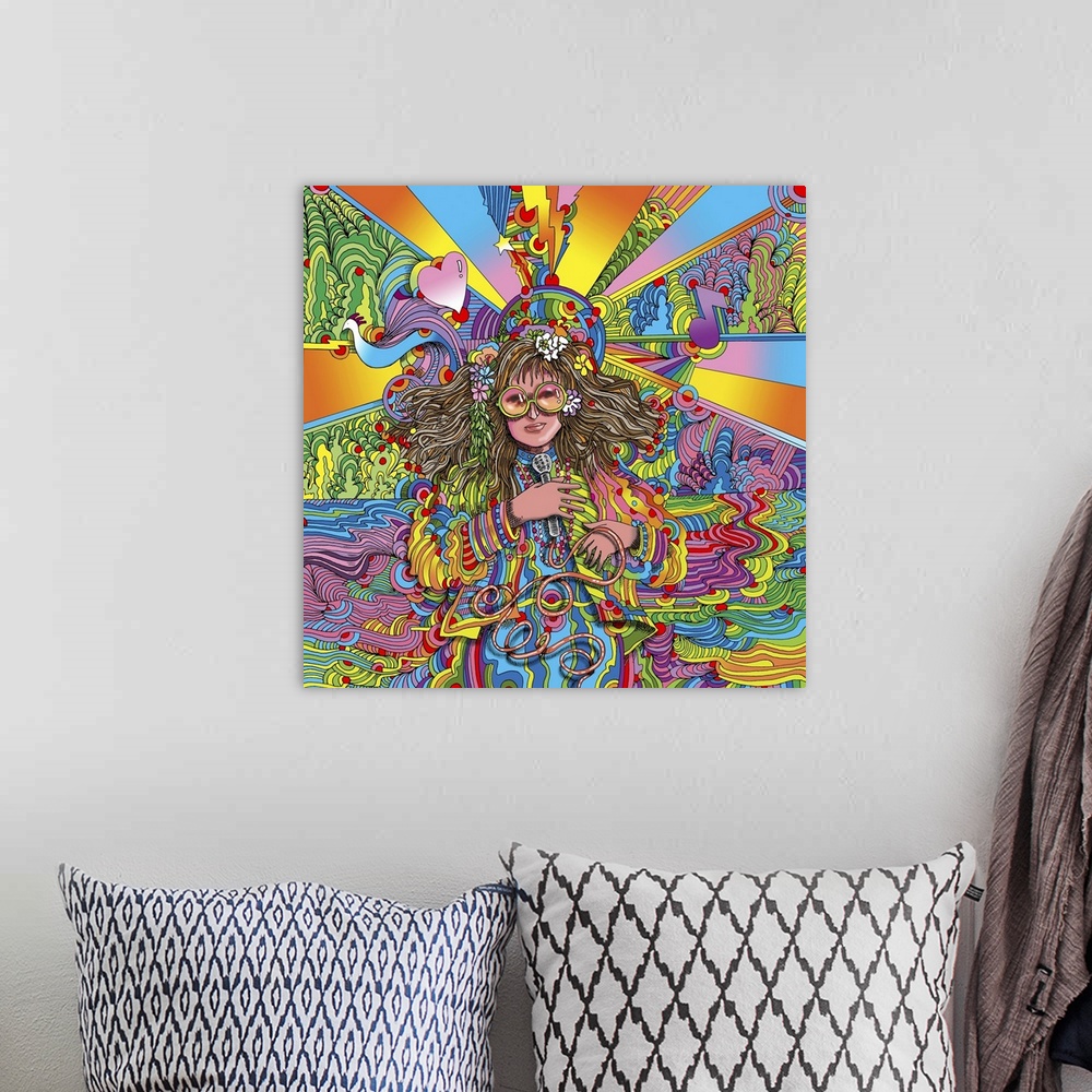 A bohemian room featuring Contemporary artwork of a woman in colorful clothing and surrounded by colorful shapes and patterns.