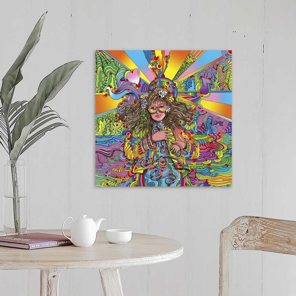 A farmhouse room featuring Contemporary artwork of a woman in colorful clothing and surrounded by colorful shapes and patterns.