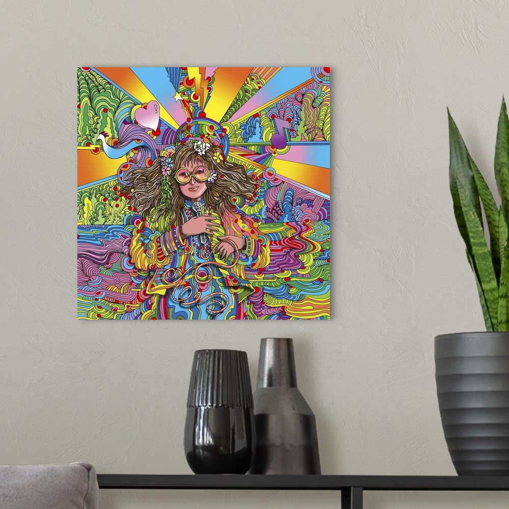 A modern room featuring Contemporary artwork of a woman in colorful clothing and surrounded by colorful shapes and patterns.