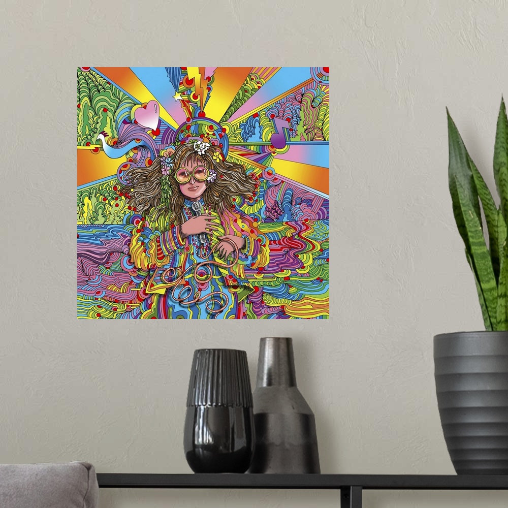 A modern room featuring Contemporary artwork of a woman in colorful clothing and surrounded by colorful shapes and patterns.