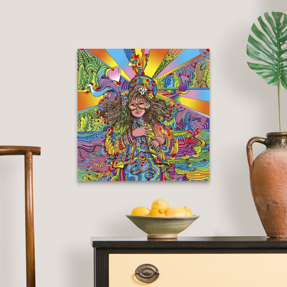 A traditional room featuring Contemporary artwork of a woman in colorful clothing and surrounded by colorful shapes and patterns.
