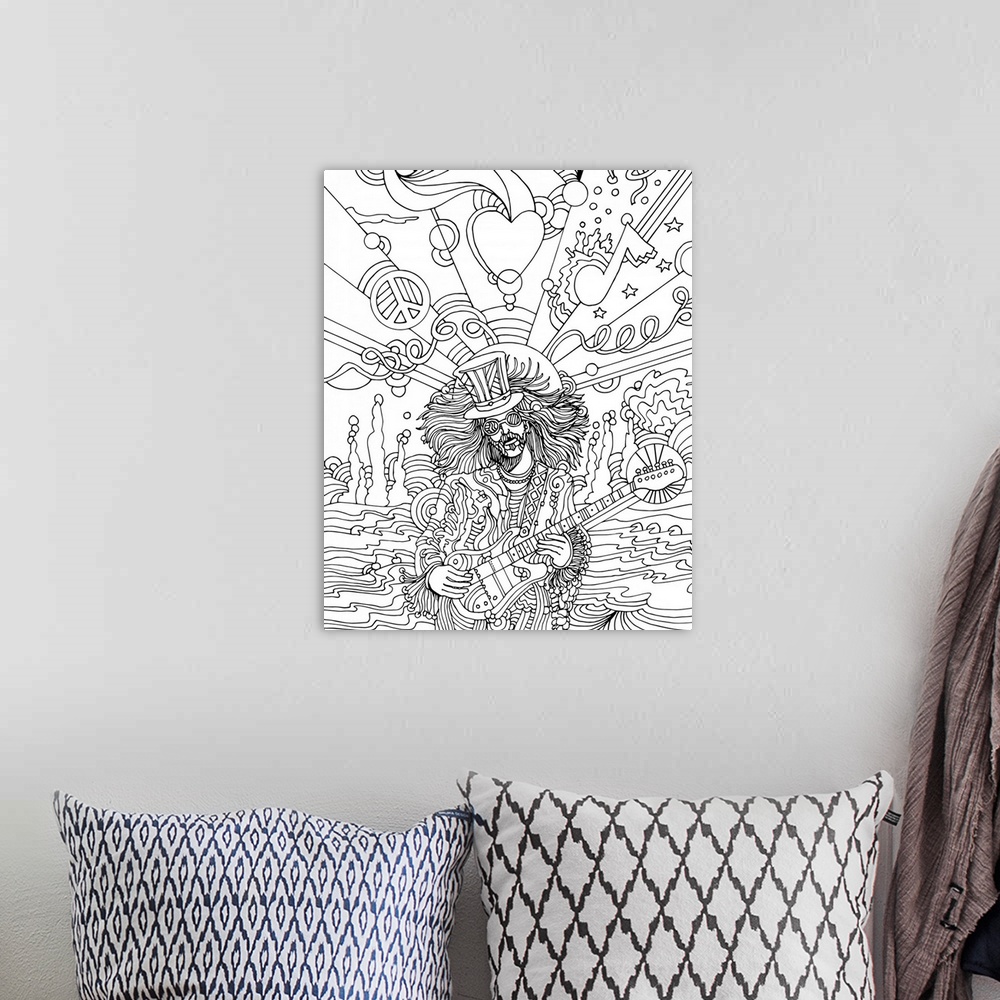 A bohemian room featuring Black and white line art of a musician.