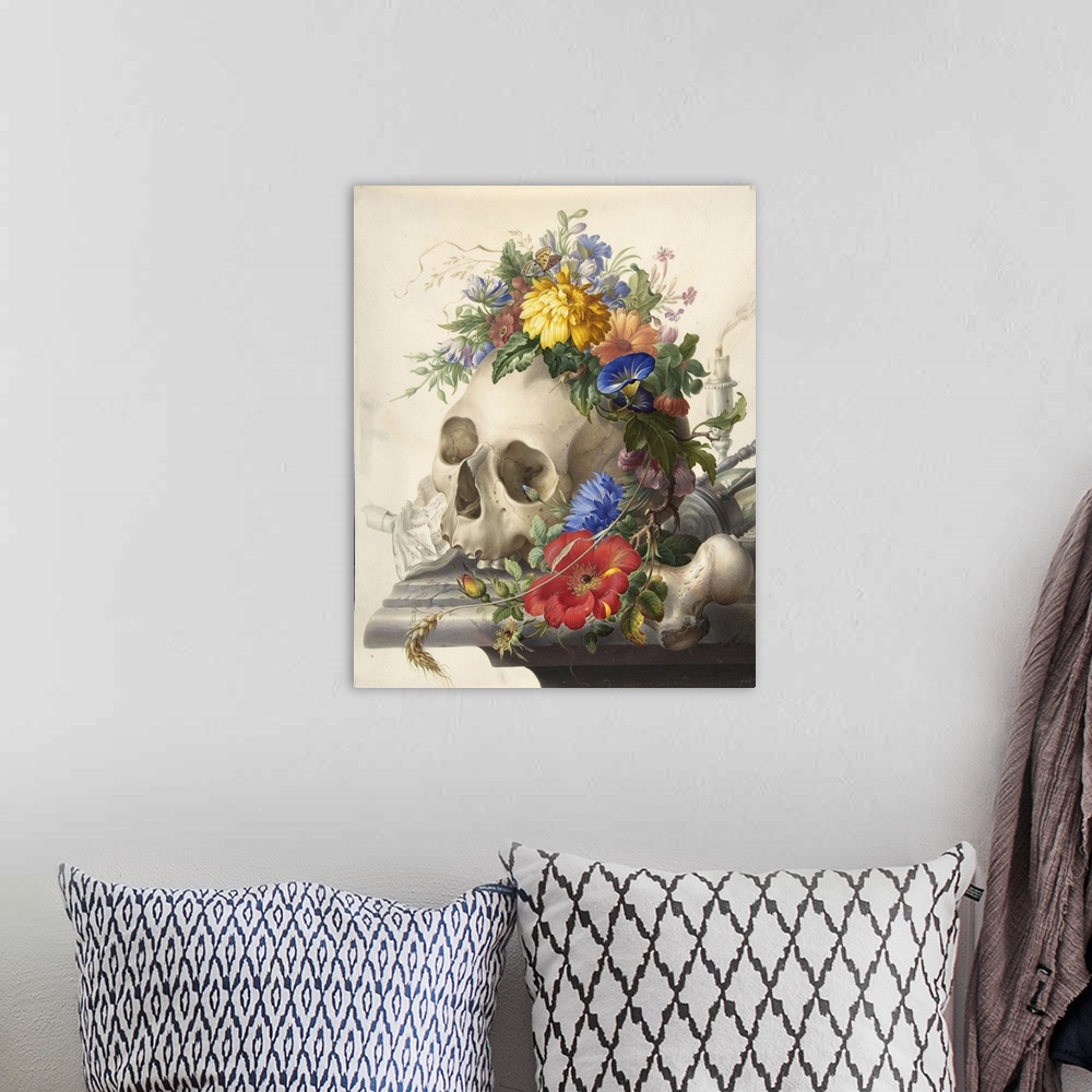 A bohemian room featuring Contemporary painting of a human skull being used a vessel to hold a bouquet of flowers.