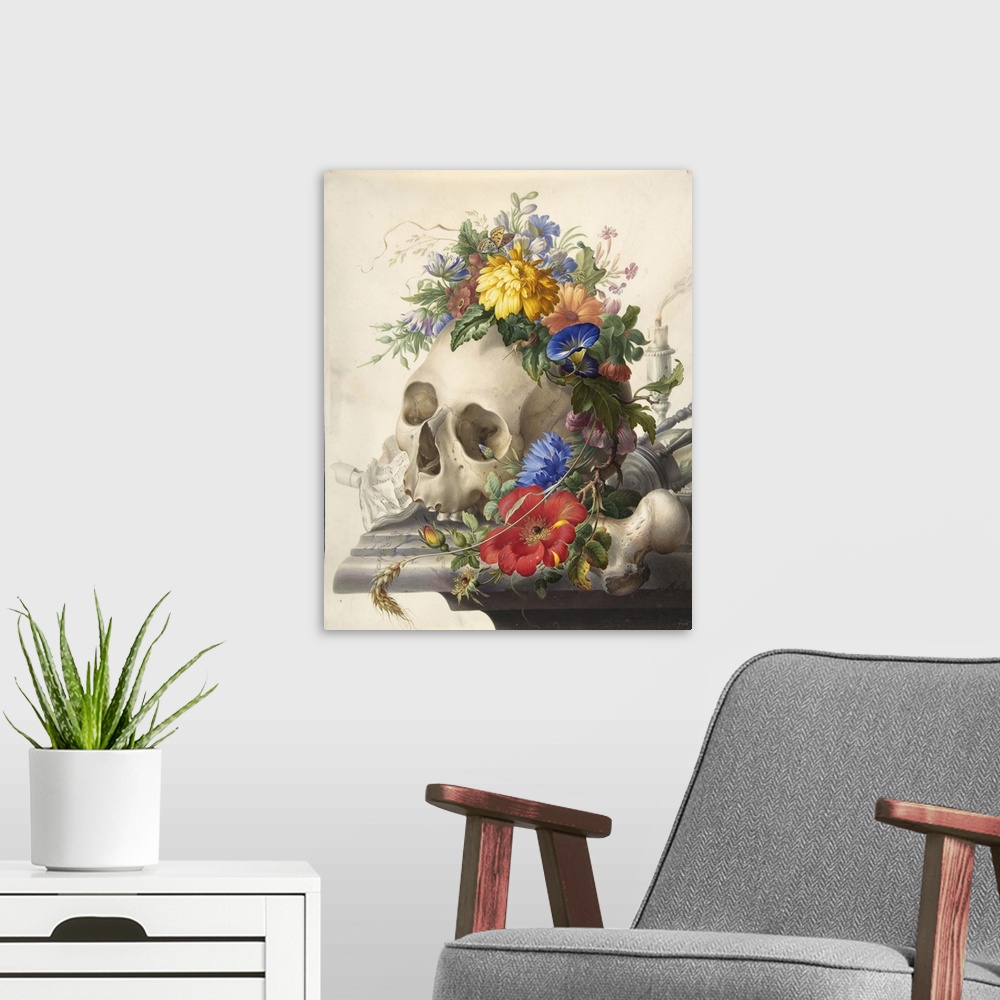 A modern room featuring Contemporary painting of a human skull being used a vessel to hold a bouquet of flowers.