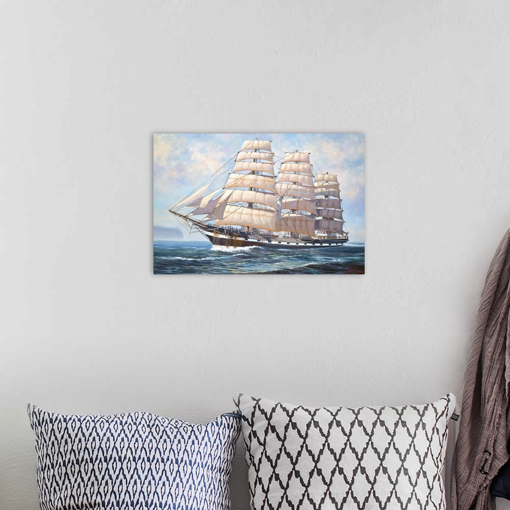 A bohemian room featuring Contemporary painting of a ship sailing the open seas.