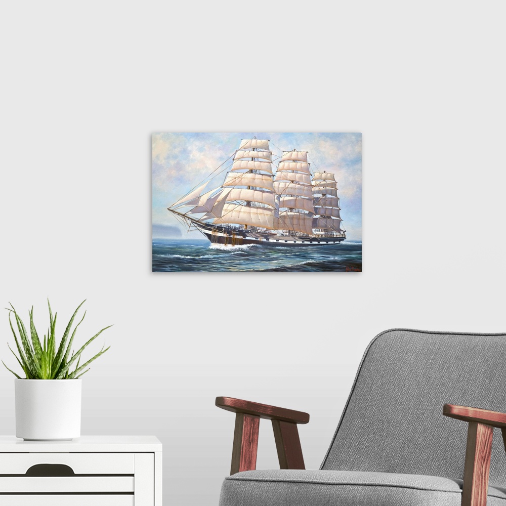A modern room featuring Contemporary painting of a ship sailing the open seas.