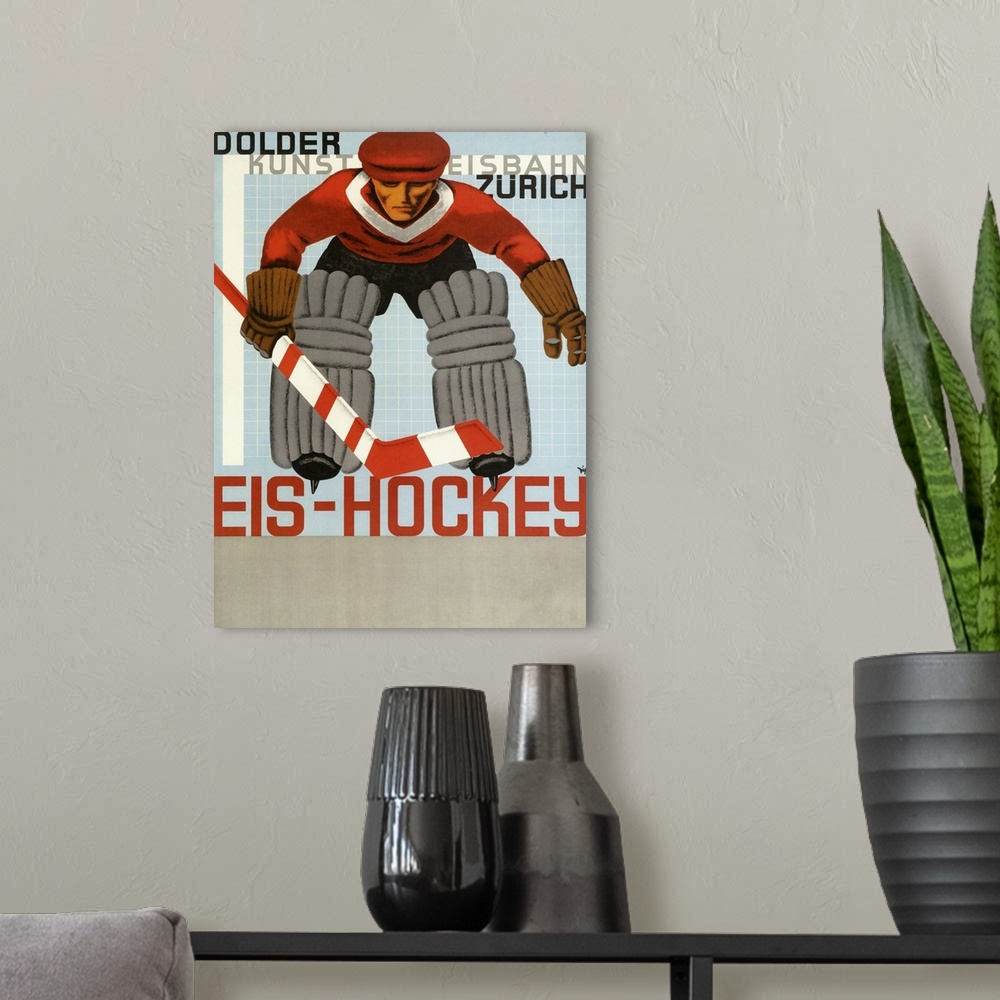 A modern room featuring Vintage poster advertisement for Hockey.