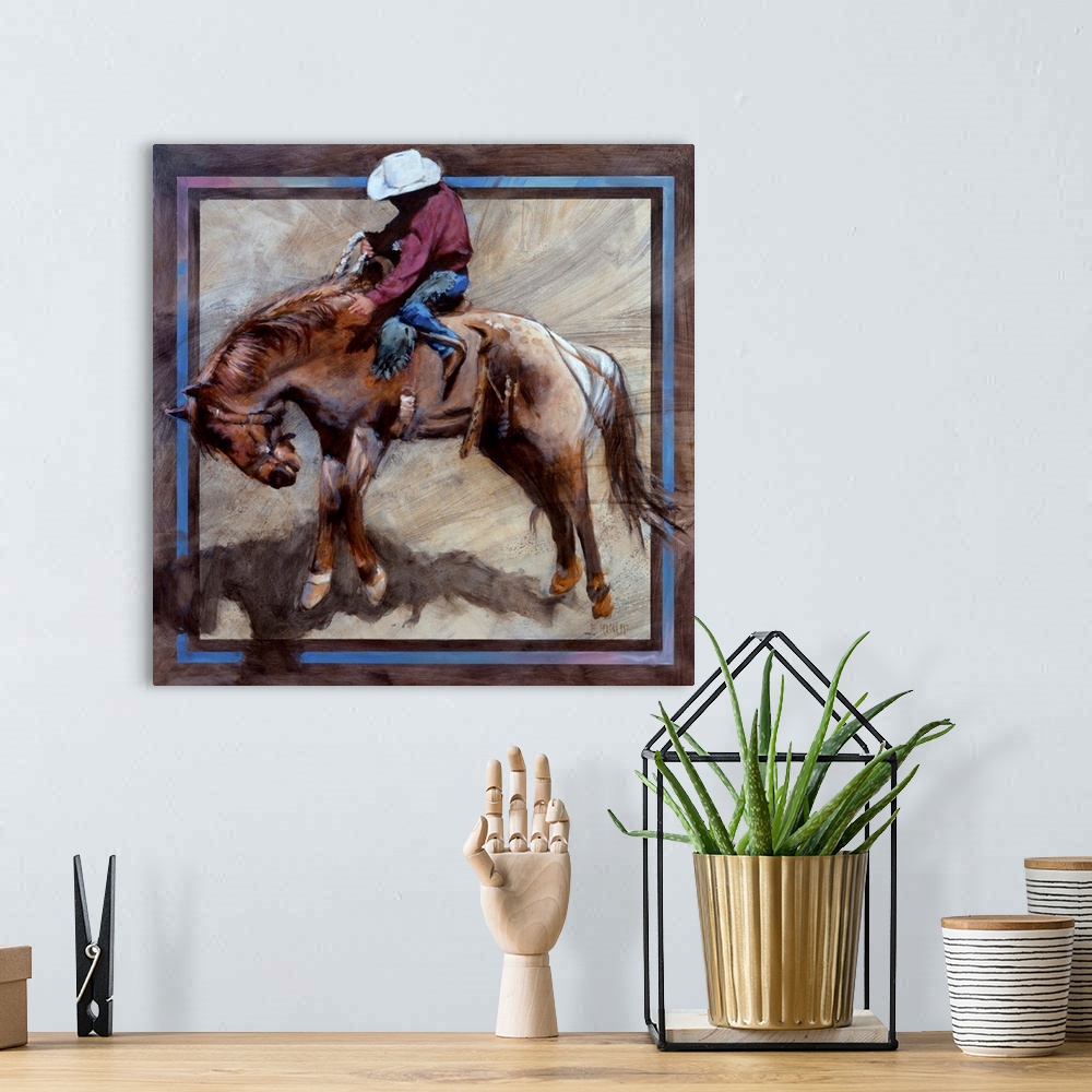 A bohemian room featuring Western themed contemporary painting of a cowboy riding a bucking bronco.