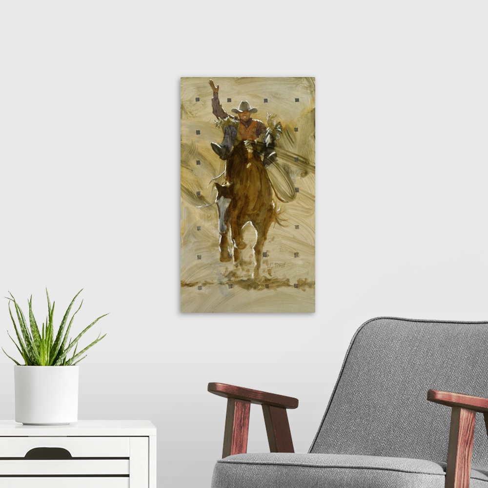A modern room featuring Contemporary western theme painting of a cowboy riding a bucking bronco.