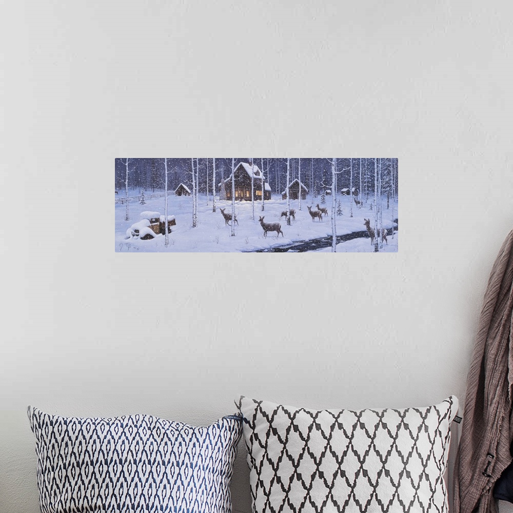A bohemian room featuring a cabin in the woods with the snow falling down with deer all around