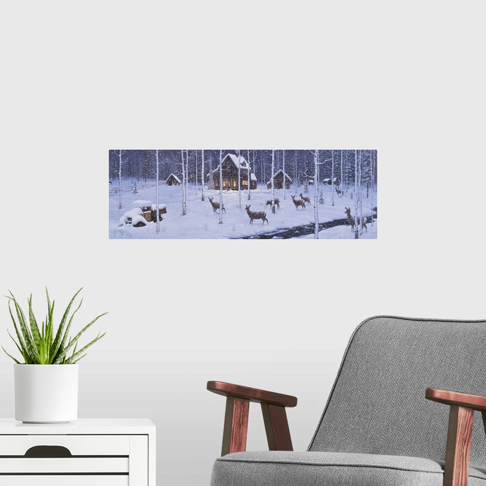 A modern room featuring a cabin in the woods with the snow falling down with deer all around