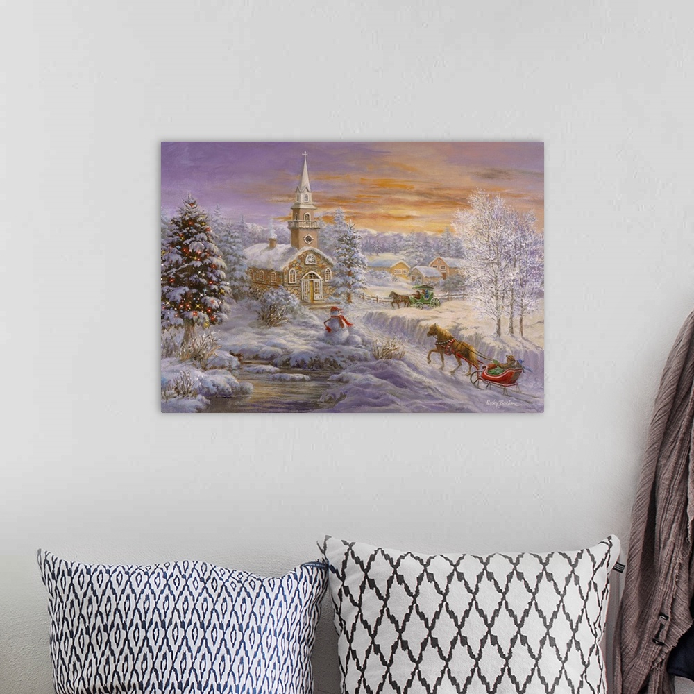 A bohemian room featuring Painting of a church scene featuring a large Christmas tree. Product is a painting reproduction o...