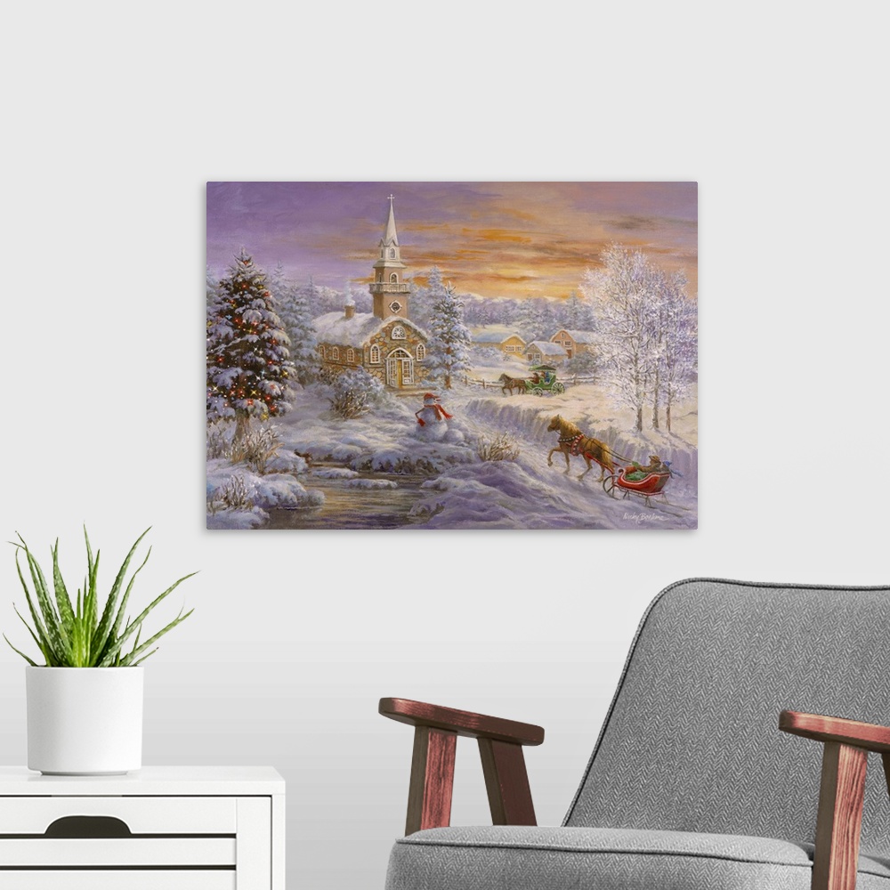 A modern room featuring Painting of a church scene featuring a large Christmas tree. Product is a painting reproduction o...
