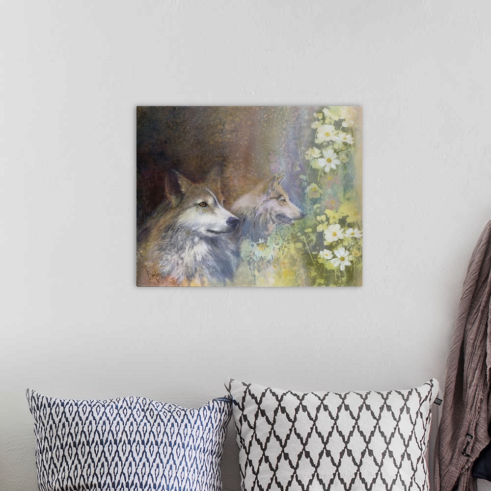 A bohemian room featuring Contemporary painting of wolves and nature elements.