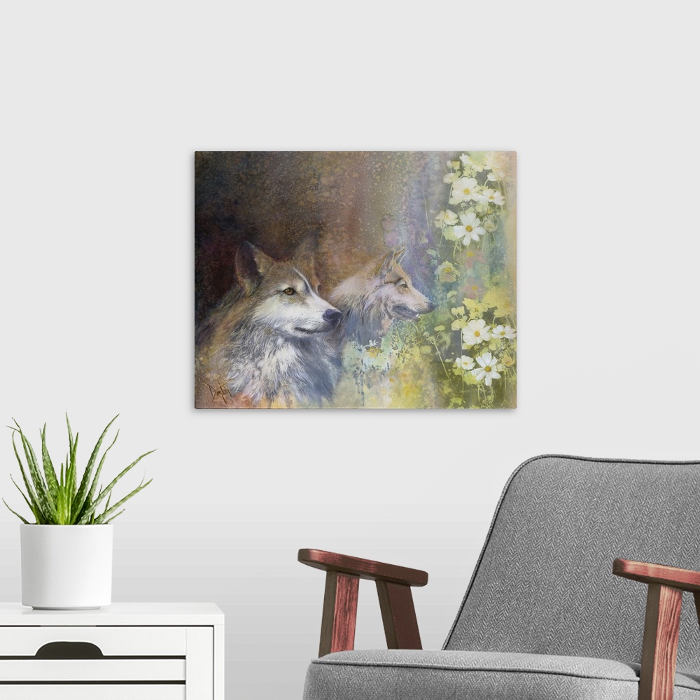 A modern room featuring Contemporary painting of wolves and nature elements.