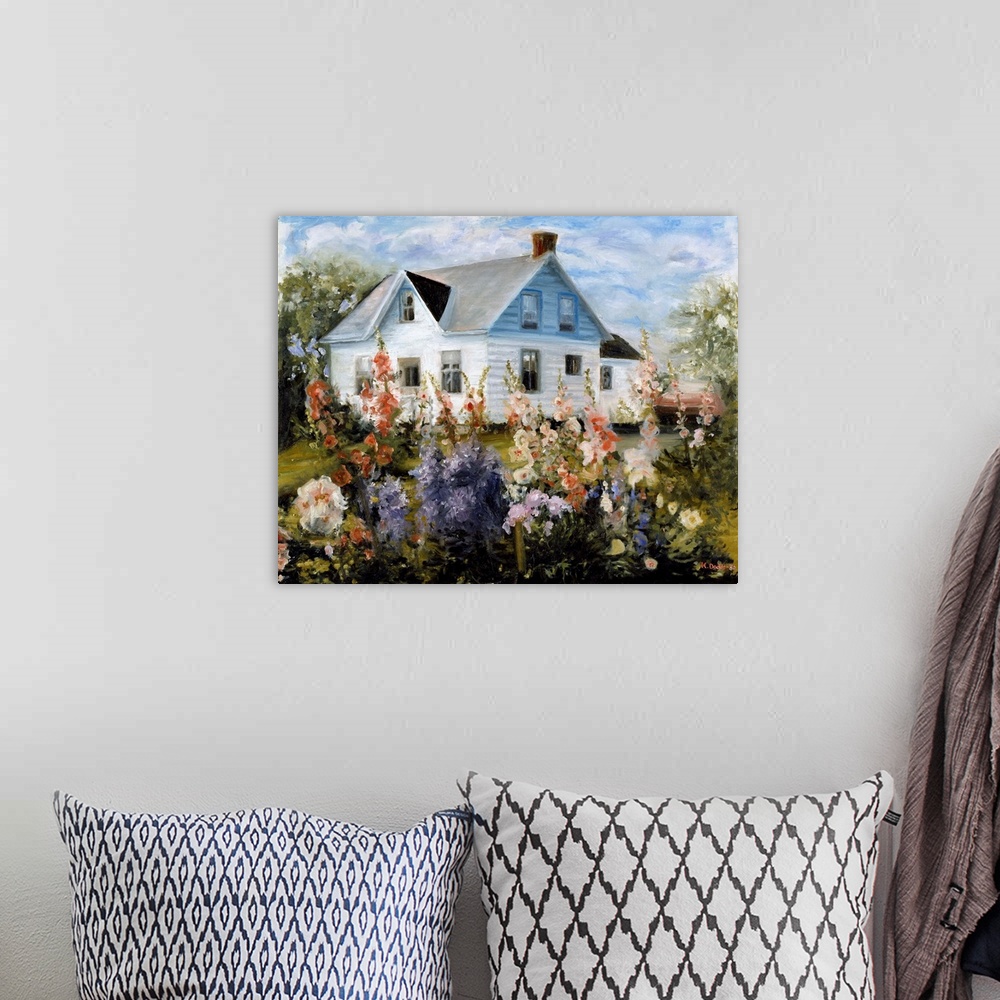 A bohemian room featuring Contemporary artwork of hollyhocks in front of a rustic country building.