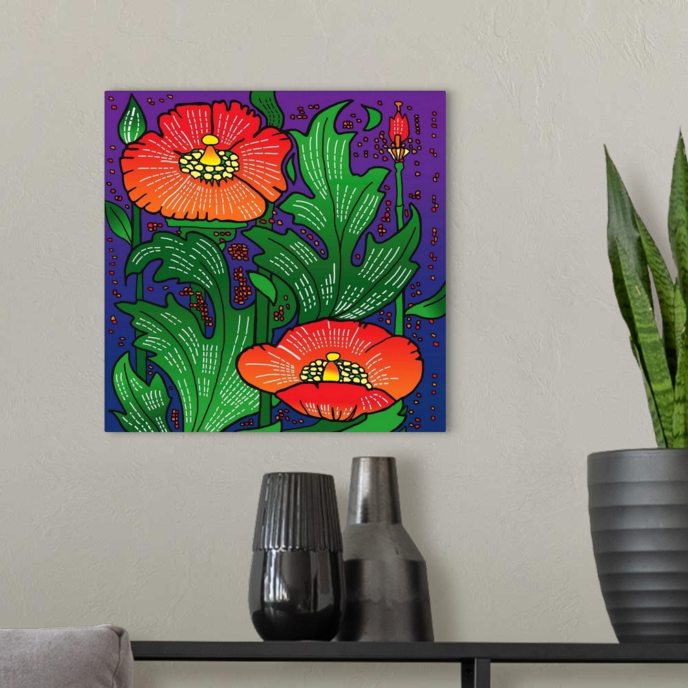 A modern room featuring Contemporary artwork of two red flower surrounded by green leaves.