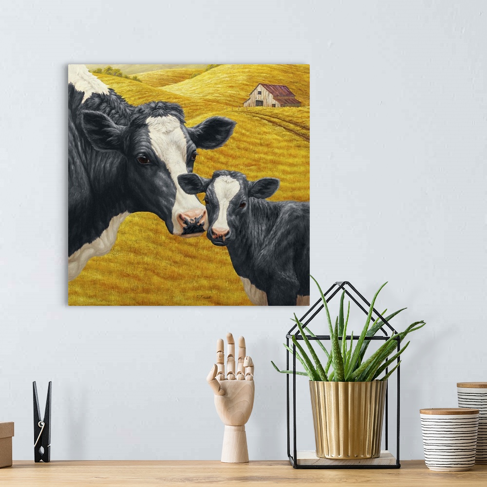 A bohemian room featuring A black and white dairy cow and her calf.