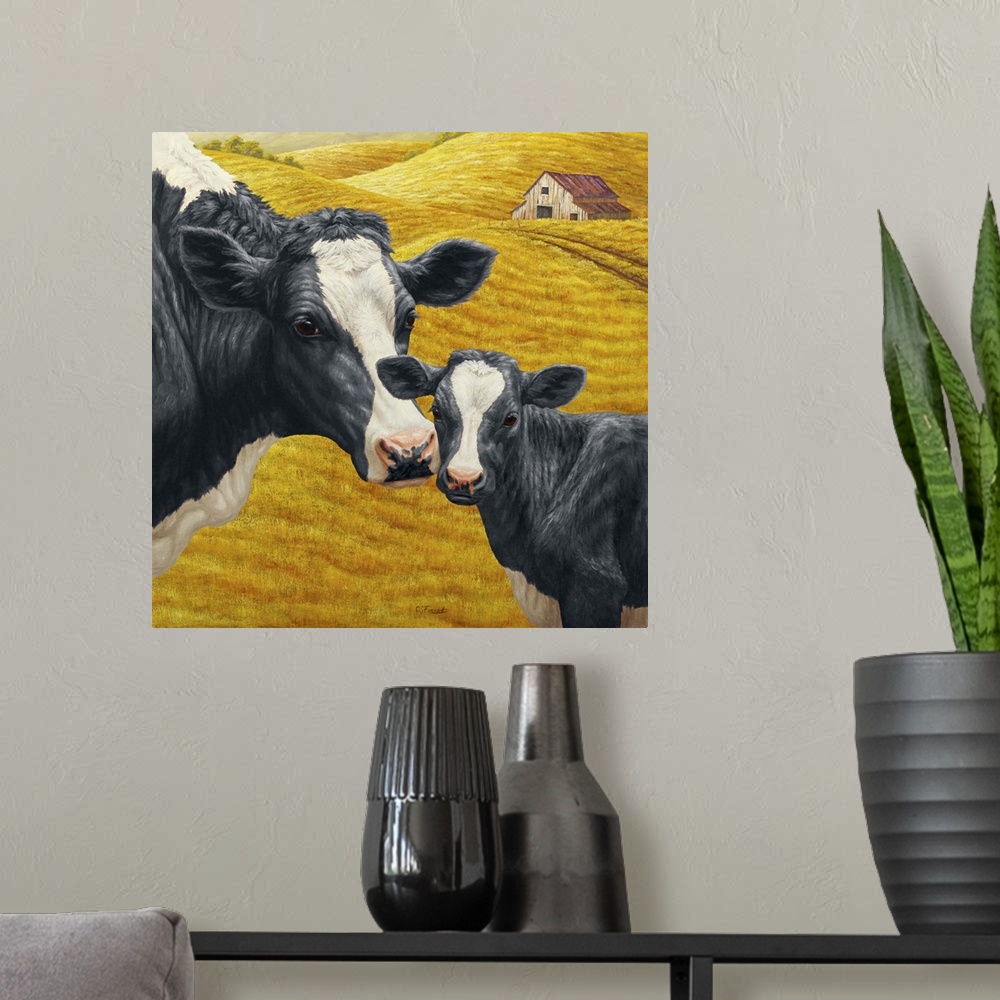 A modern room featuring A black and white dairy cow and her calf.
