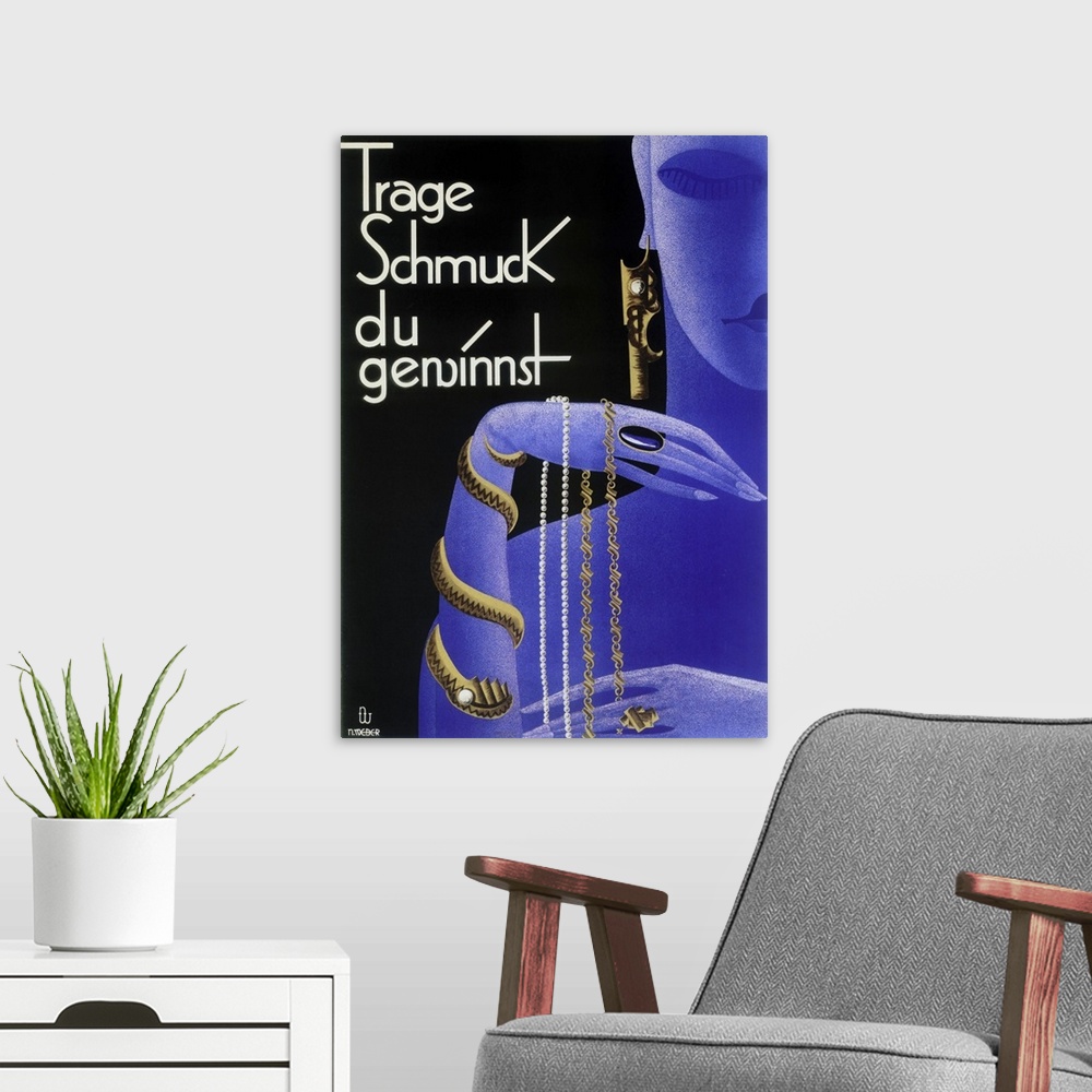 A modern room featuring Vintage poster advertisement for Holwein Blue Woman Jewelry.