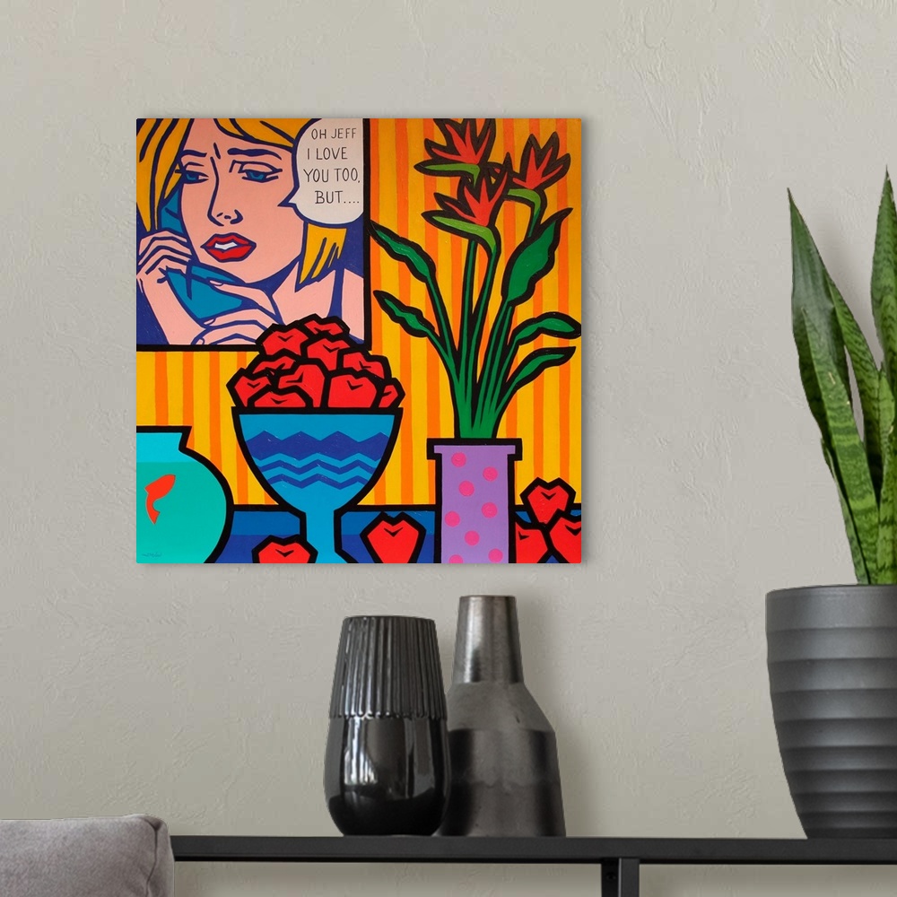 A modern room featuring Homage To Lichtenstein And Wesselman, fruit, flowers, woman