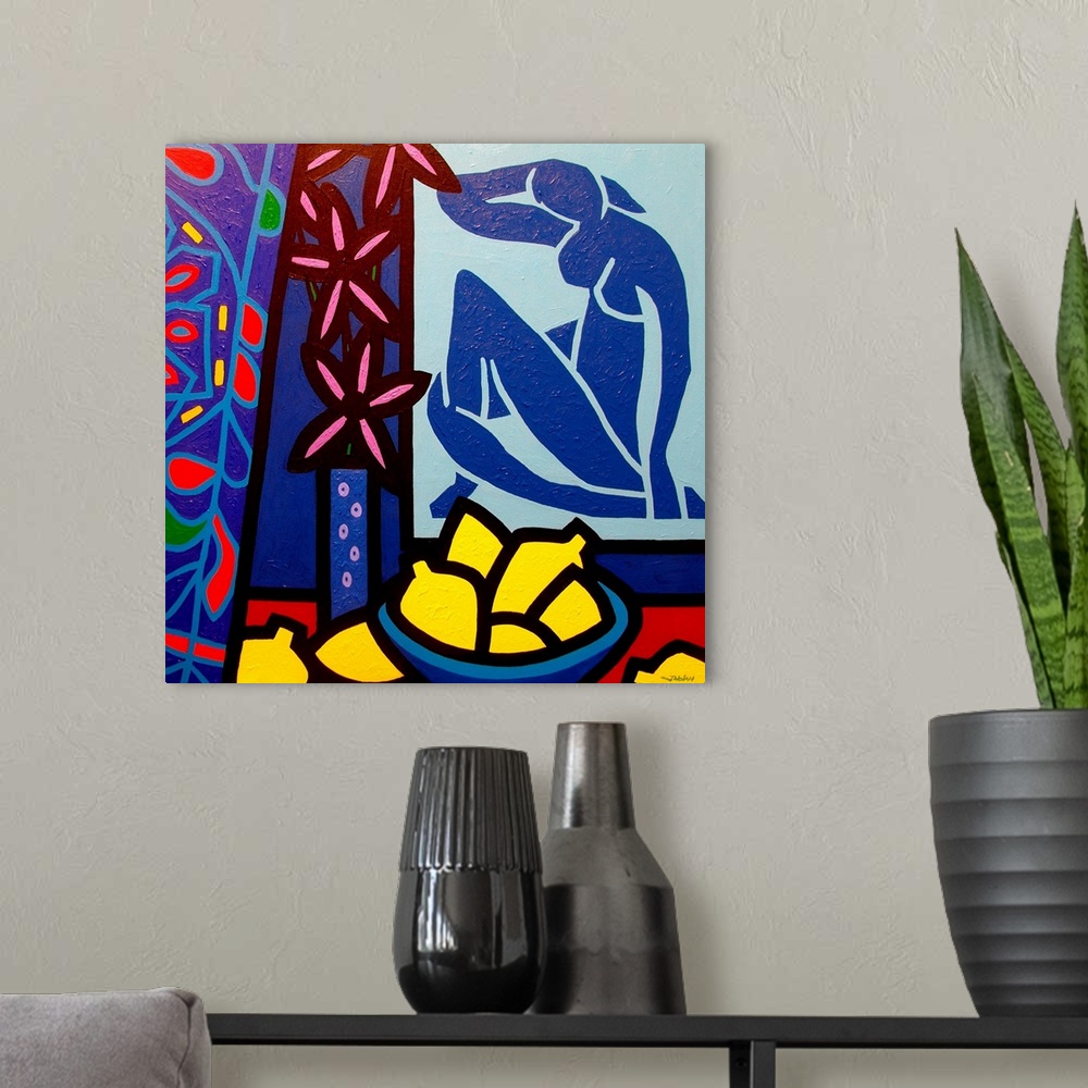 A modern room featuring Homage To Matisse 1, lemons, fruit, flowers