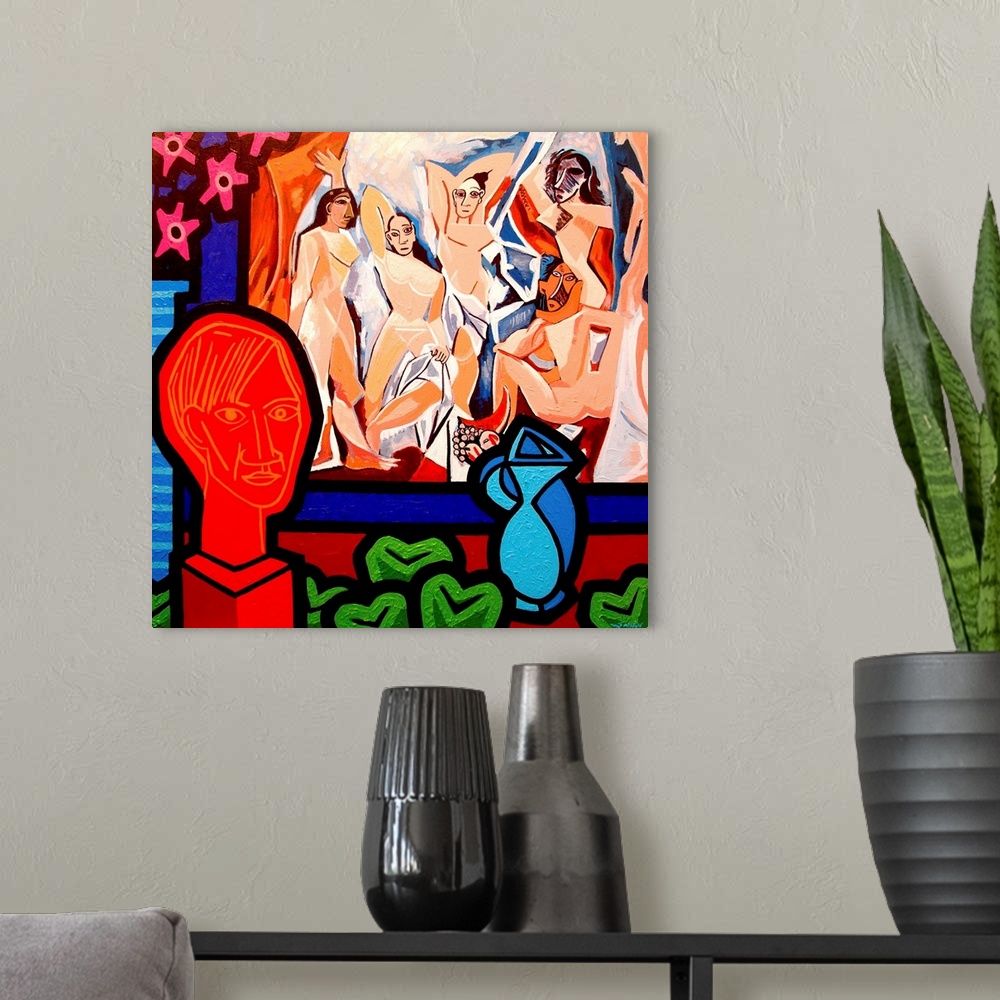 A modern room featuring Homage To Picasso 1, woman, flowers