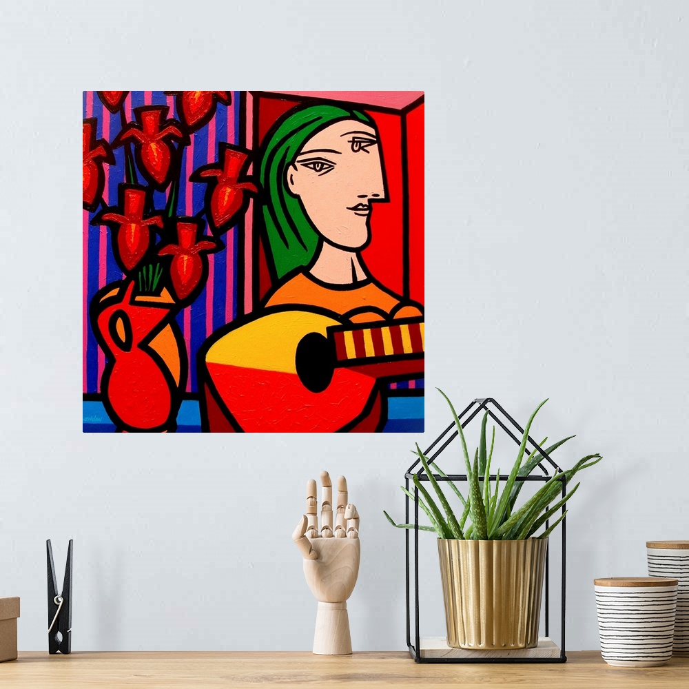 A bohemian room featuring Homage To Picasso 2, woman, flowers, guitar, music