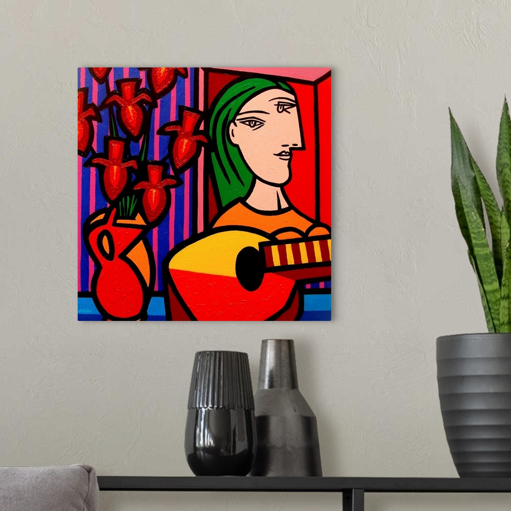 A modern room featuring Homage To Picasso 2, woman, flowers, guitar, music