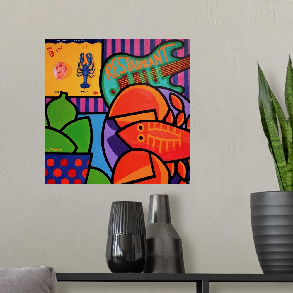 A modern room featuring Homage To Rock Lobster, flowers, guitar, music