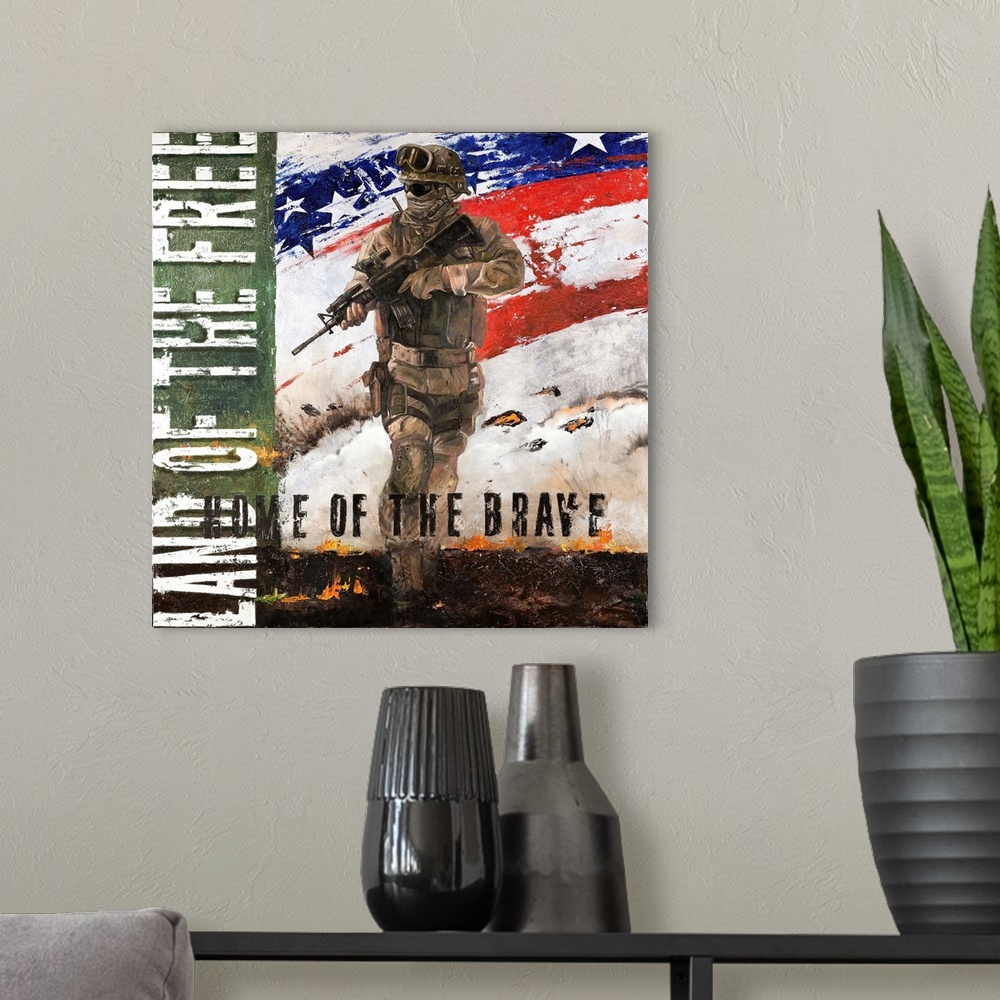 A modern room featuring Home of the Brave