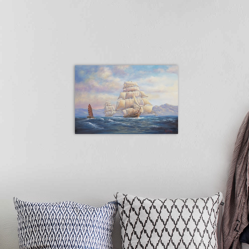 A bohemian room featuring Contemporary painting of a ship sailing the open seas.