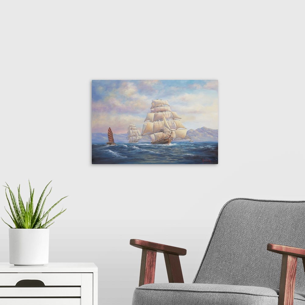 A modern room featuring Contemporary painting of a ship sailing the open seas.