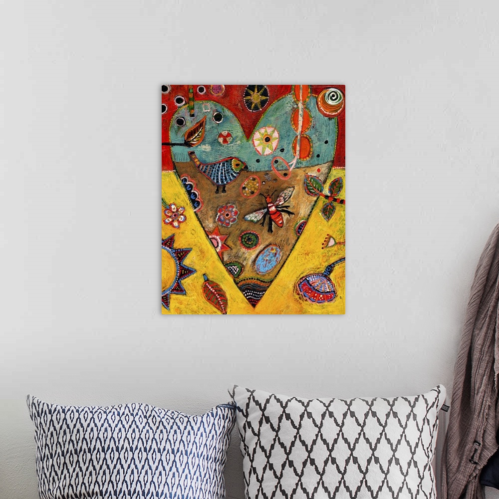 A bohemian room featuring Lighthearted contemporary painting of a heart with a collage of birds and bugs and flowers inside.