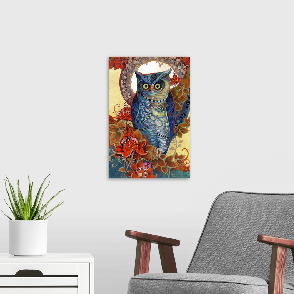 A modern room featuring Contemporary artwork of an owl gazing intently, surrounded by flowers.