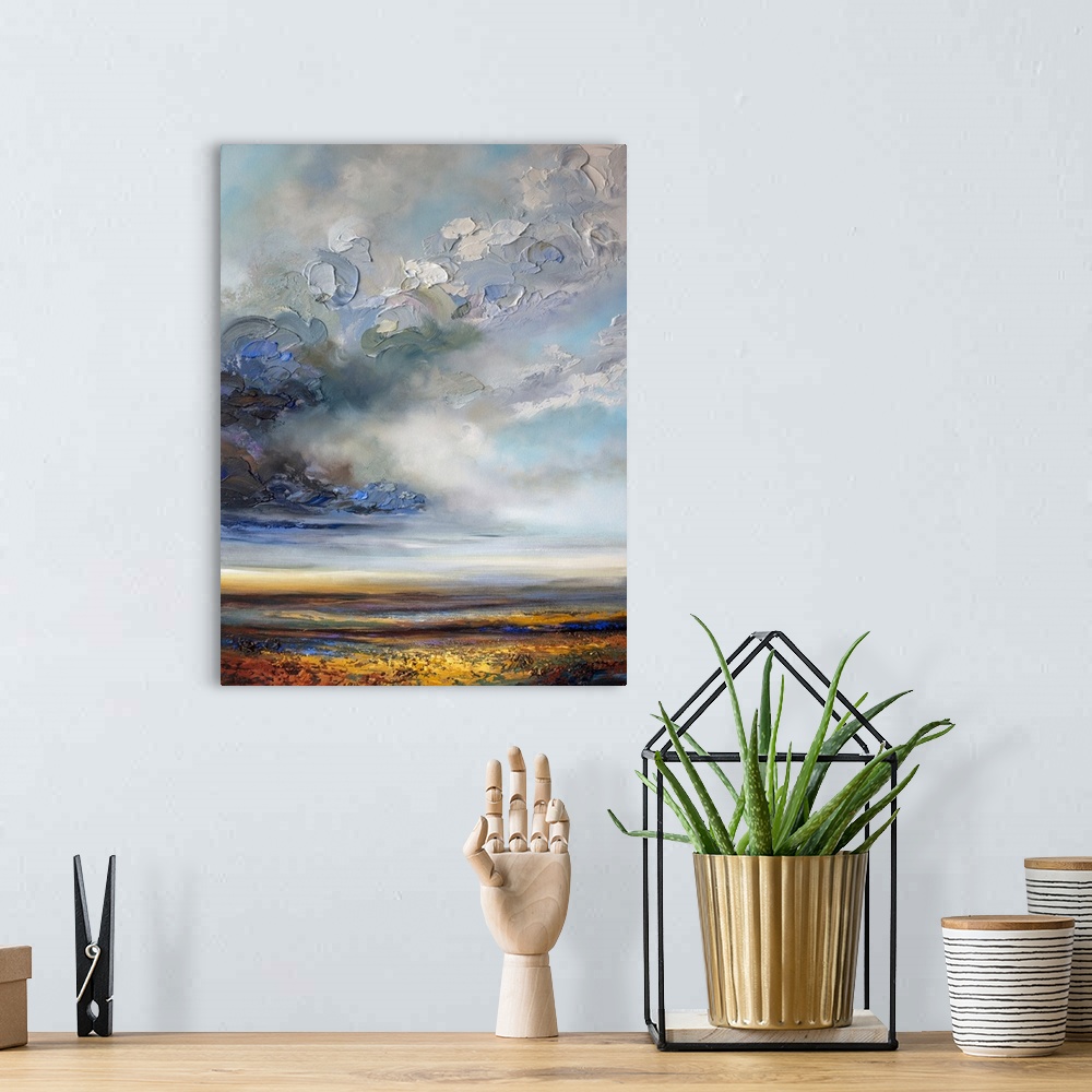 A bohemian room featuring Original painting of moody abstract landscape with stormy cloudy sky and prairie field by Canadia...
