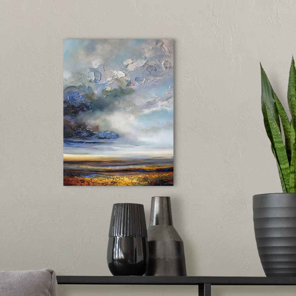 A modern room featuring Original painting of moody abstract landscape with stormy cloudy sky and prairie field by Canadia...