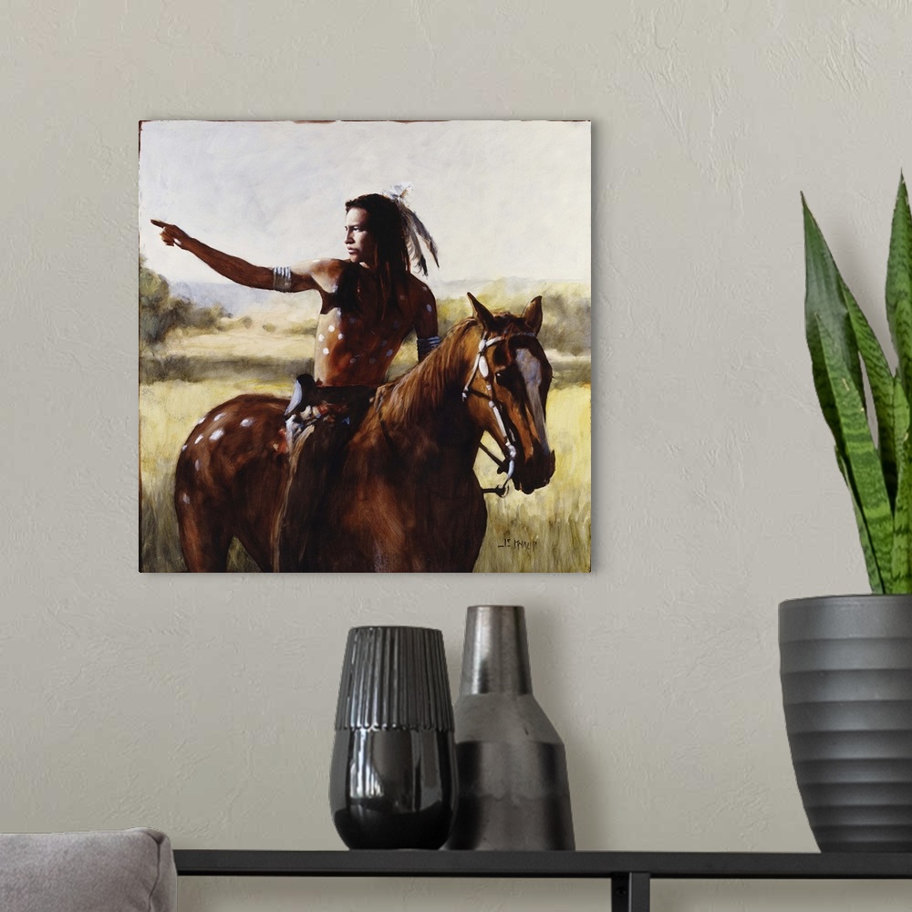 A modern room featuring Contemporary western theme painting of a native American man on horseback pointing to something i...