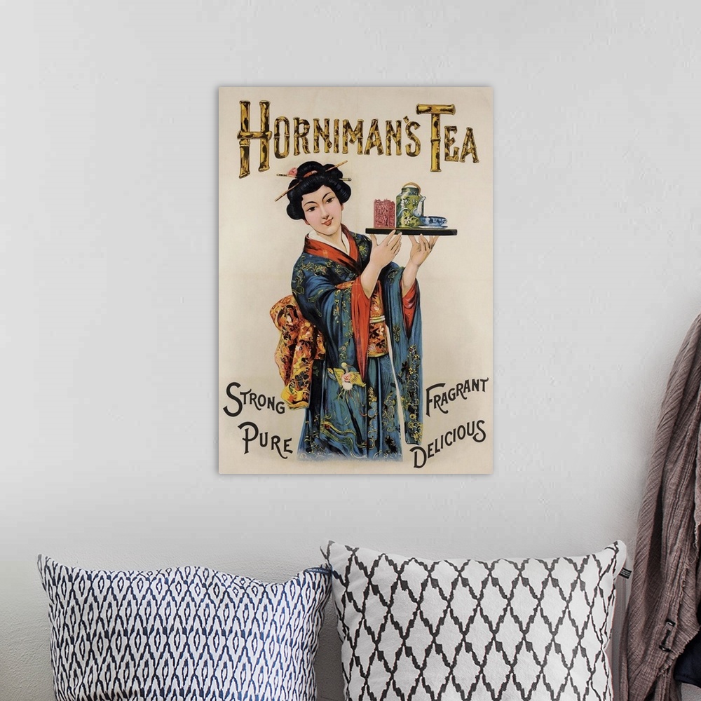 A bohemian room featuring Vintage poster advertisement for Horniman's Tea.