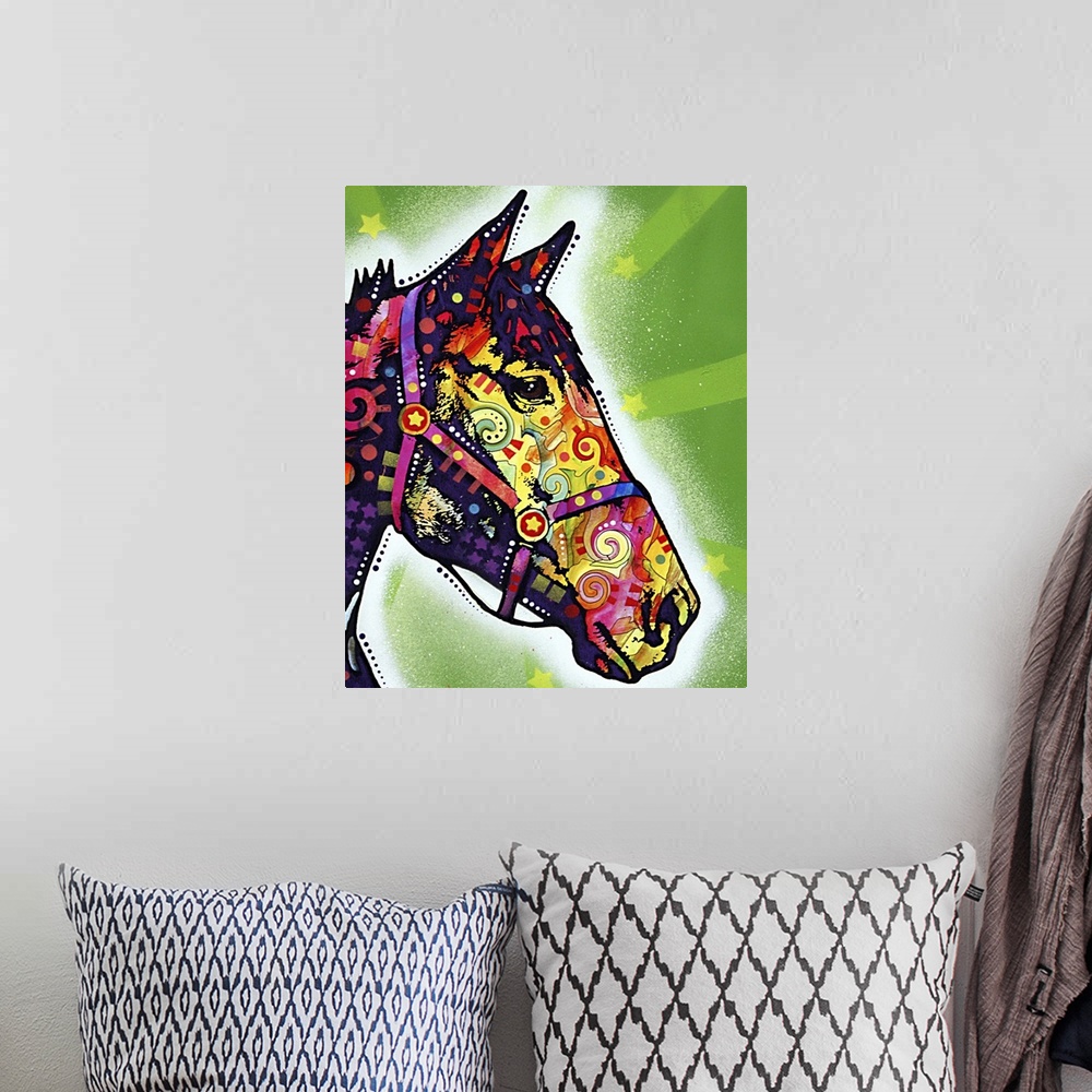 A bohemian room featuring Large vertical artwork of the profile of a horses head, filled in with multicolored graffiti art ...